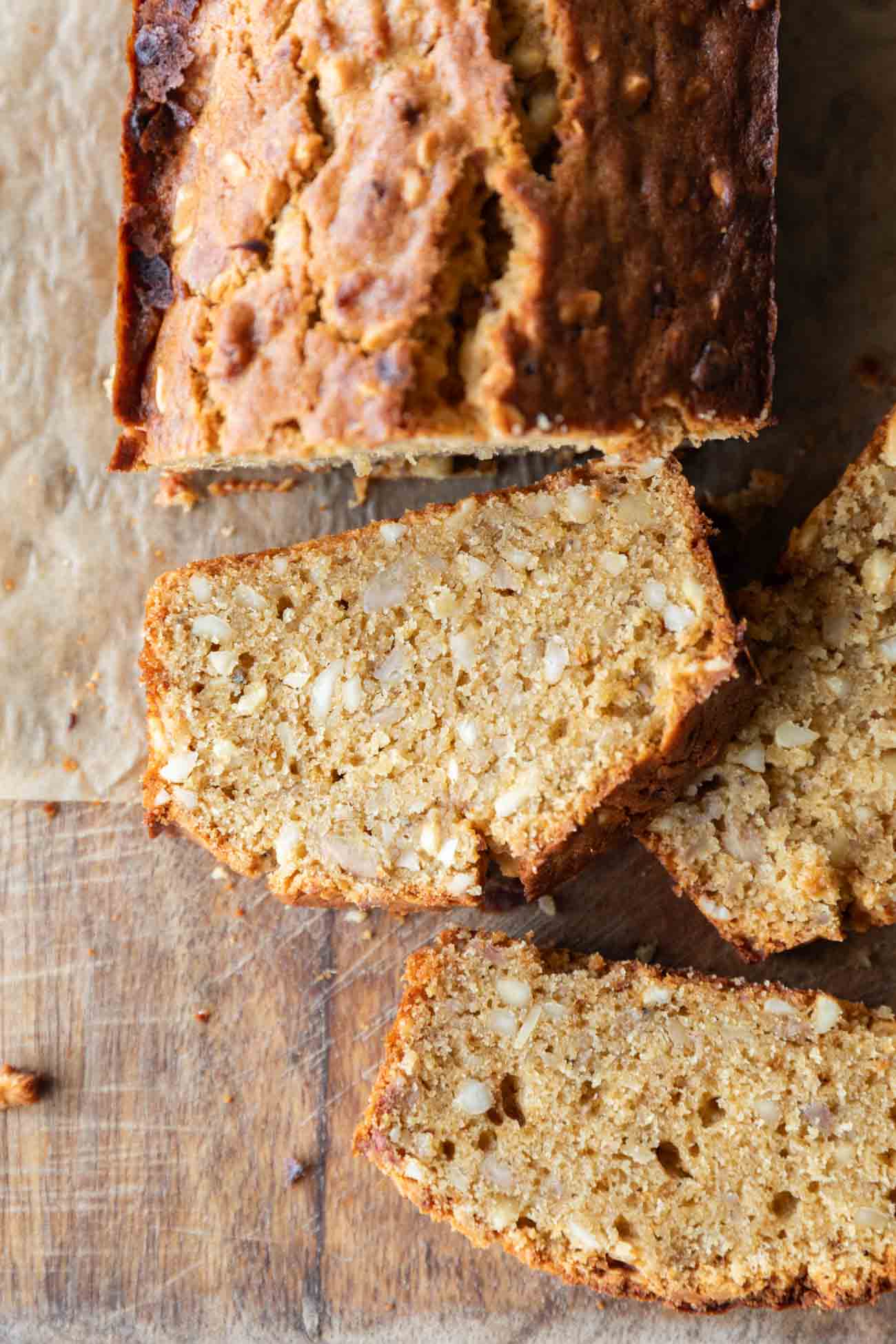 A picture of sliced Brown Butter Banana Bread taken from the top.