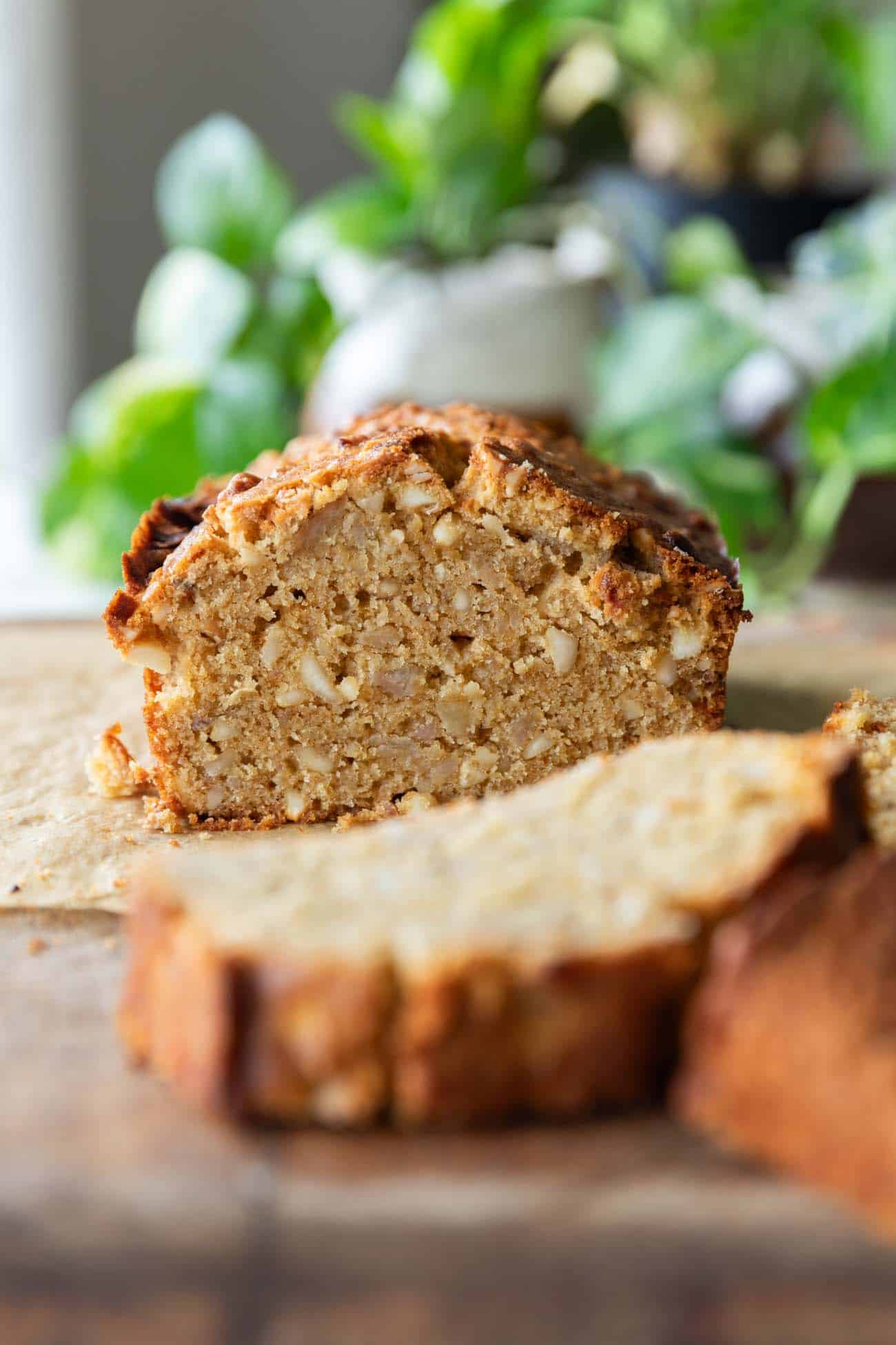 A picture of sliced Brown Butter Banana Bread taken from the top.