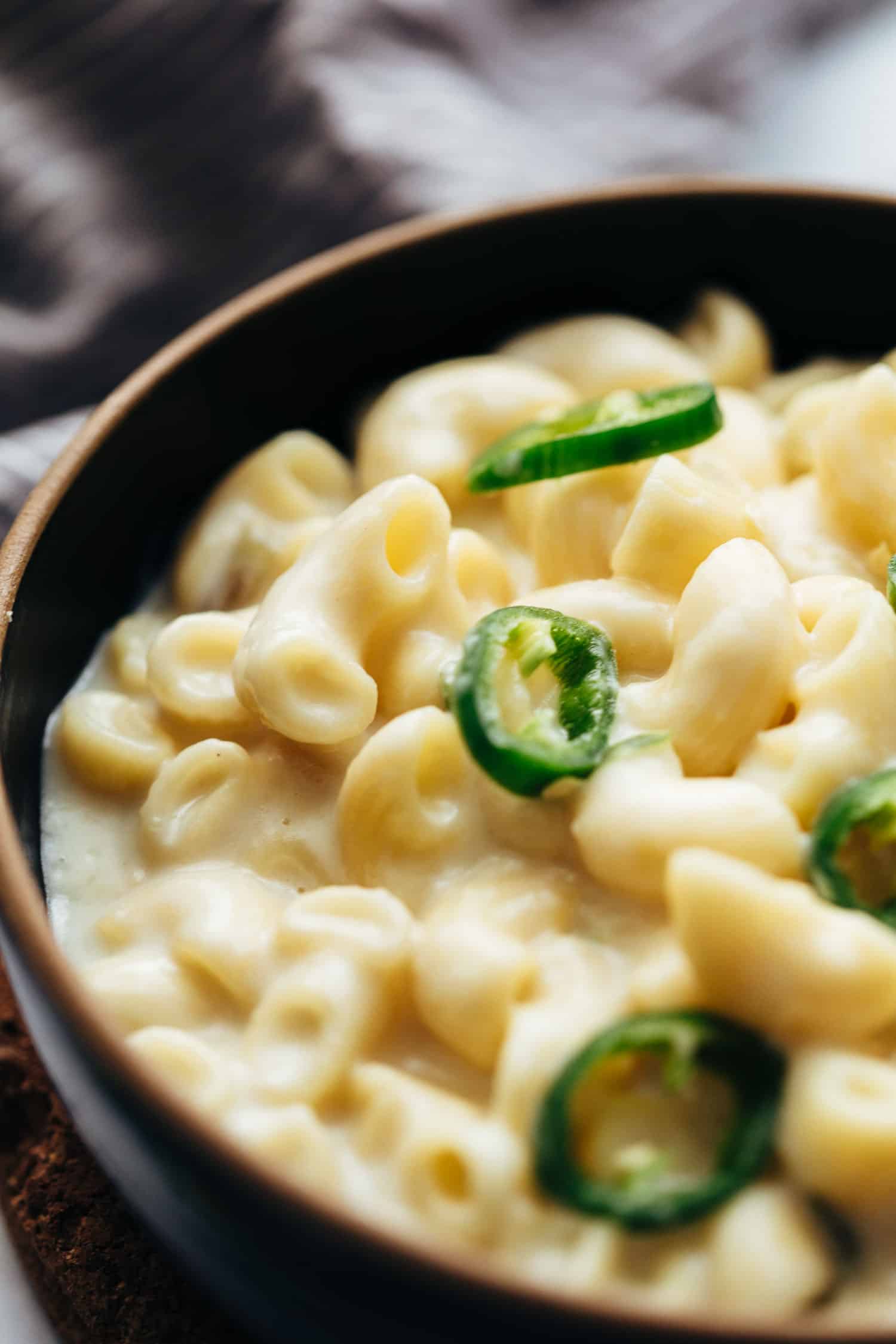 Closeup of stovetop jalapeno mac and cheese