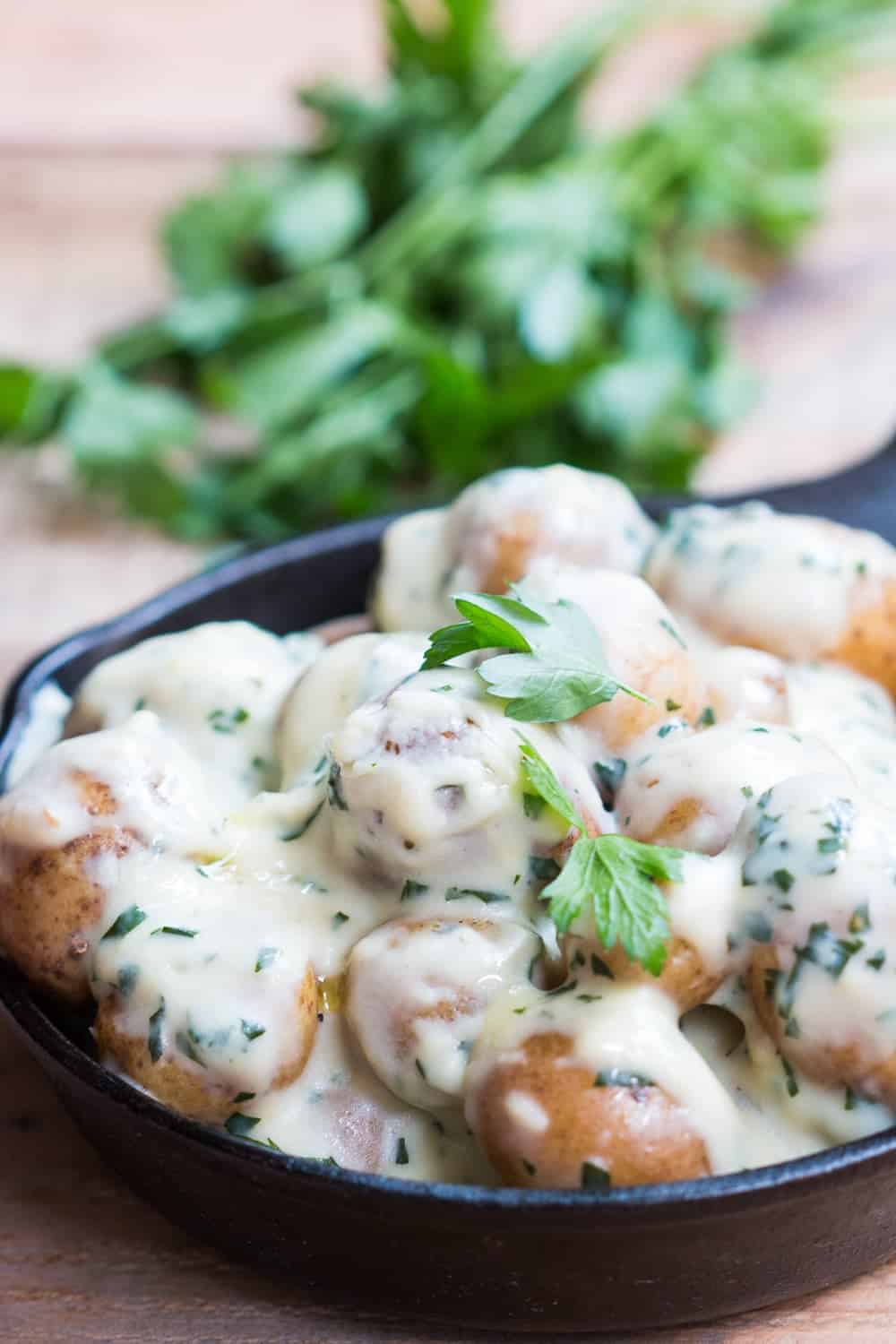 creamy no mayo parsley baby potatoes in a skillet