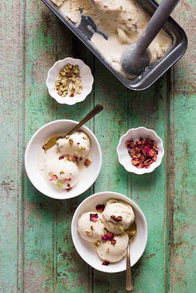 scoops of thandai ice cream served in bowls