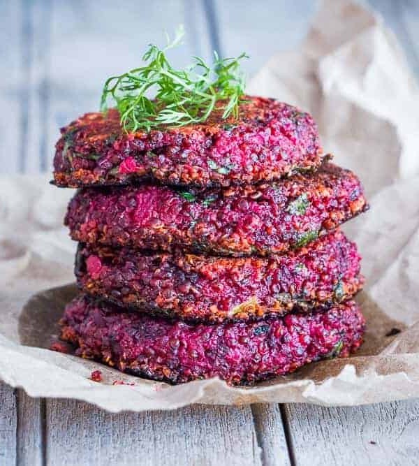 Beet and Goat Cheese Quinoa Patties stacked on each other.
