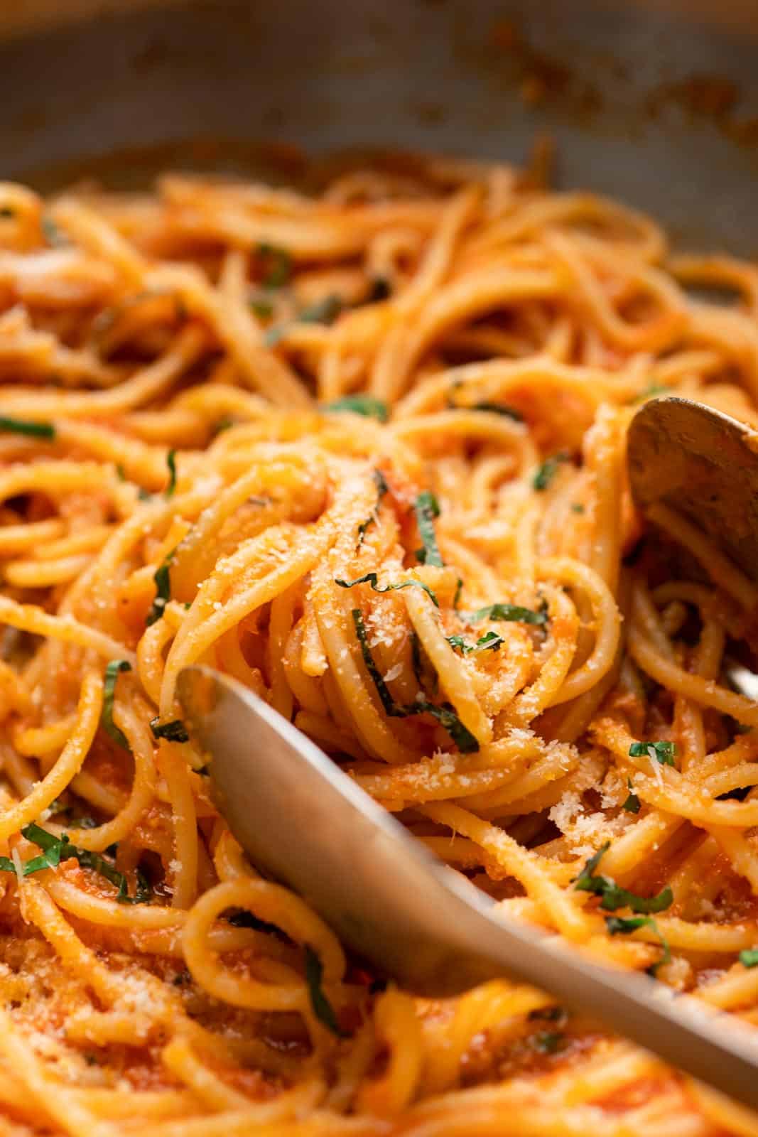 Closeup of spaghetti tossed in easy pasta sauce