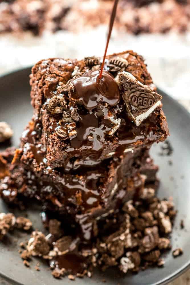 Oreo Stuffed Fudge Double Chocolate Brownies These brownies are everything you want in life - stuffed with oreos, super fudgy, double chocolate and Fool Proof every time! They remind me of cookies and cream brownies, but even better. And you won't believe how easy they are to make!