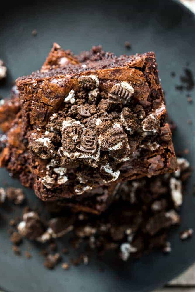 Oreo Stuffed Fudge Double Chocolate Brownies These brownies are everything you want in life - stuffed with oreos, super fudgy, double chocolate and Fool Proof every time! They remind me of cookies and cream brownies, but even better. And you won't believe how easy they are to make!
