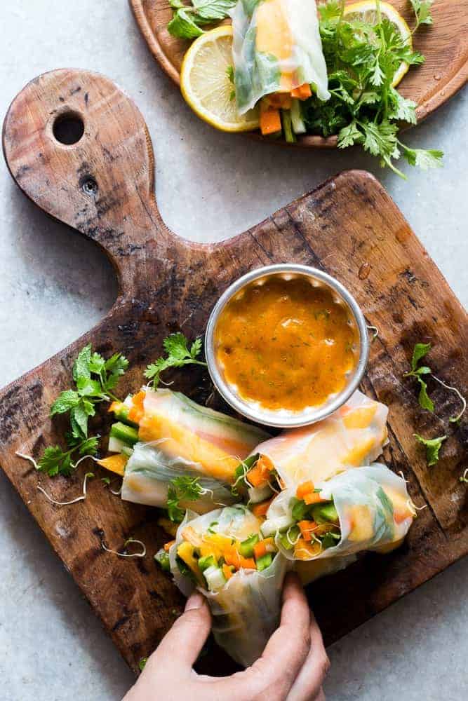 Mango Bell Pepper Rice Paper Rolls + Mango Cilantro Dipping Sauce These mango bell pepper rice paper rolls are the perfect summer food! They are stuffed with lots of amazing veggies and come with an insanely delicious mango cilantro dipping sauce! These are naturally gluten free, vegan and low carb!