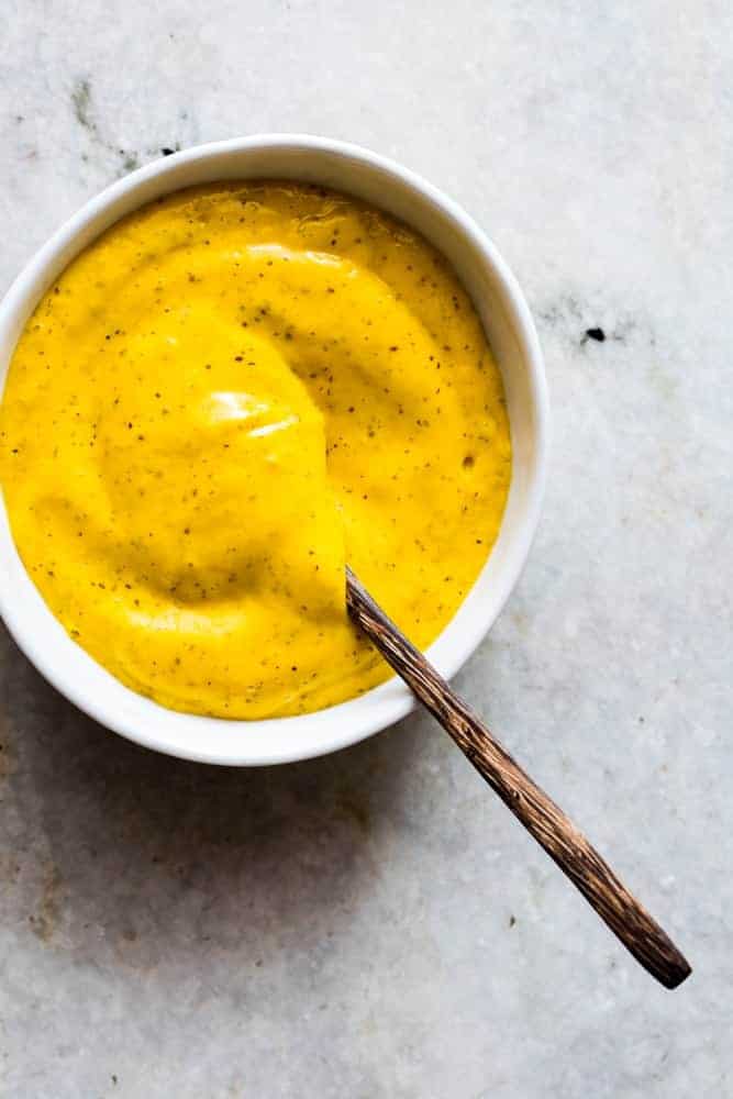 Blender Mango Mustard Dipping Sauce This easy tropical mango mustard dipping sauce is ready in 5 minutes and gets made in the blender. Goes really well with chicken tenders, wings, crackers, fries and chips!