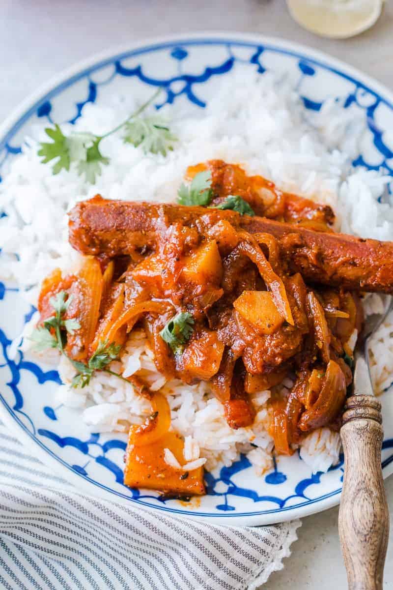 One Pot Curried Sausages and Potatoes Insanely delicious and super easy recipe for curried sausages and potatoes which needs only one pot and is ready in under 30 minutes!