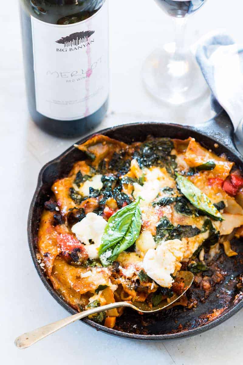 Easy 30 minute vegetarian lasagna skillet is fast, easy, healthy, loaded with veggies and still has carbs to keep us happy. You could add ricotta, cottage cheese to the recipe, or even make it with bow tie pasta or ravioli if you don't have lasagna sheets. Love busting out my cast iron for this one!