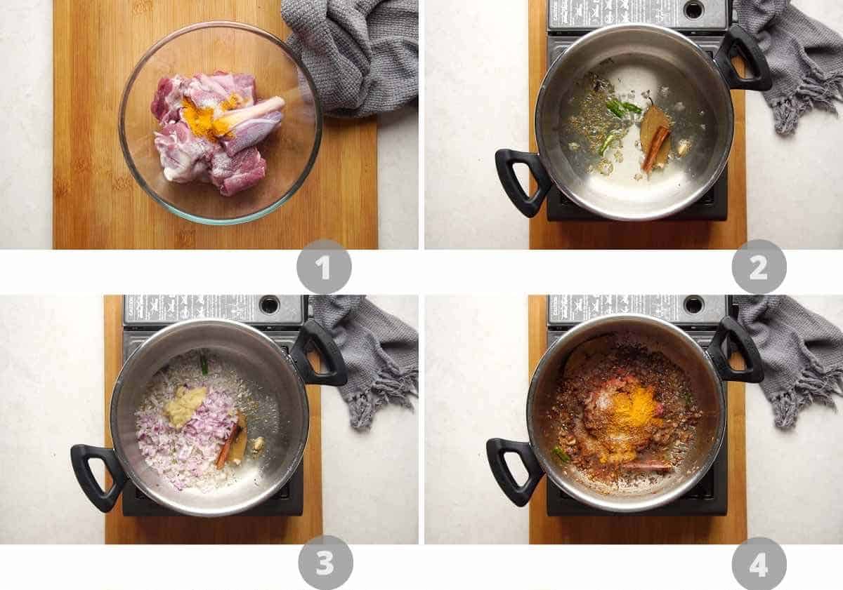 Step by step picture collage showing how to make mutton curry