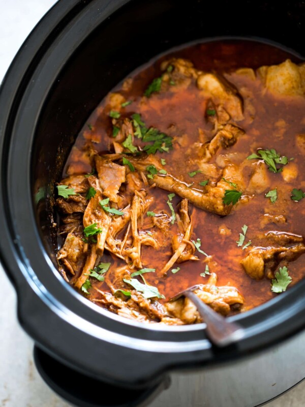 Chipotle pulled pork in a slow cooker.