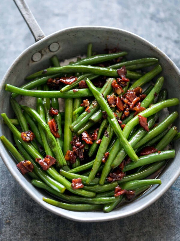 Sauteed Brown Sugar Bacon Garlic Green Beans in a pan.