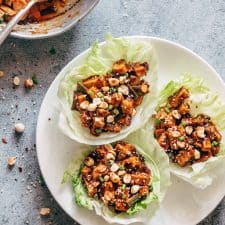 Mapo tofu stir fry served in crispy lettuce leaves.