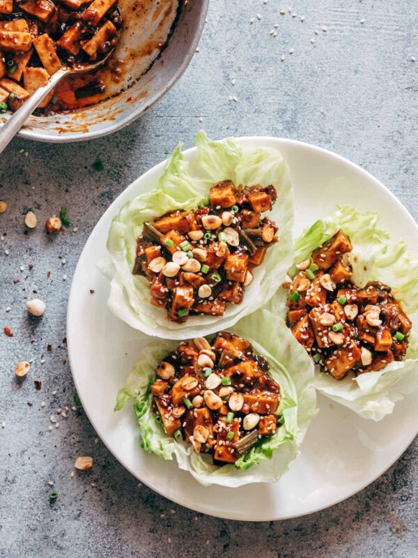 Mapo tofu stir fry served in crispy lettuce leaves.