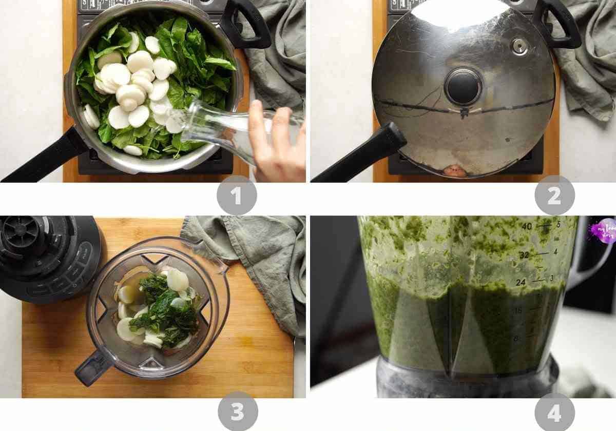 Step by step picture collage showing how to make saag paneer