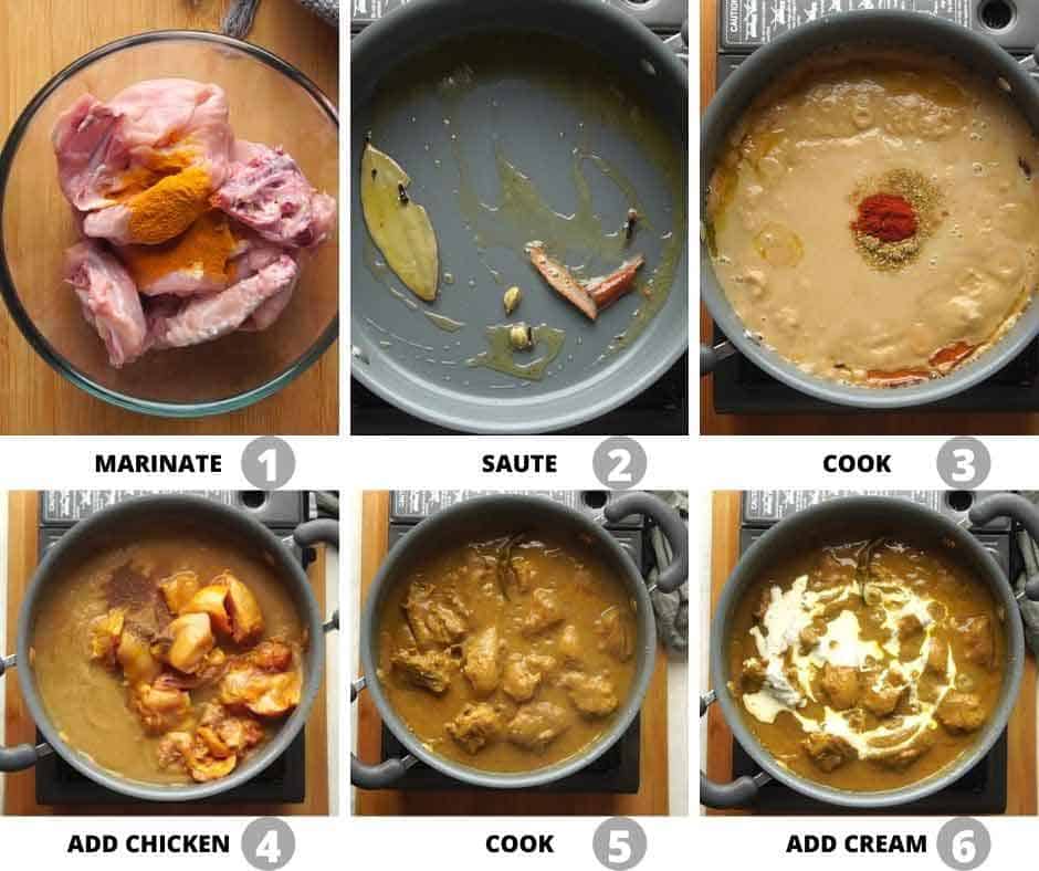 A collage showing step by step pictures to make mughlai chicken