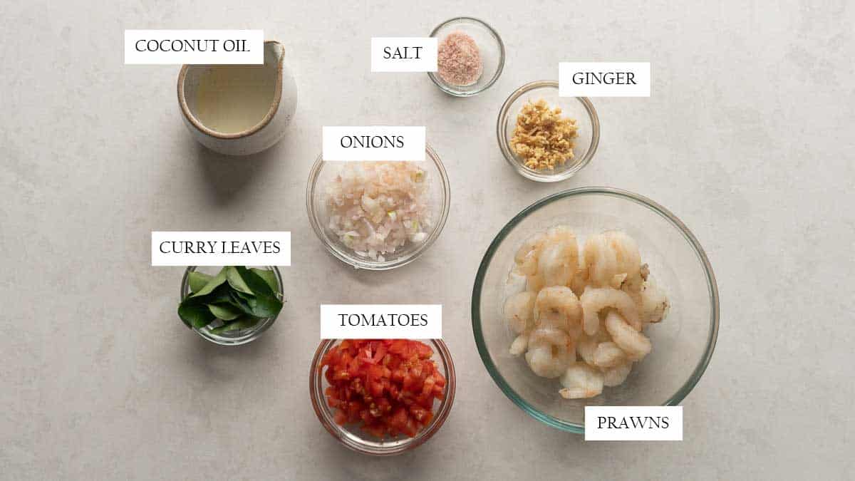 Second set for the goan prawn curry (gravy) pictured on a white background with text to indentify them