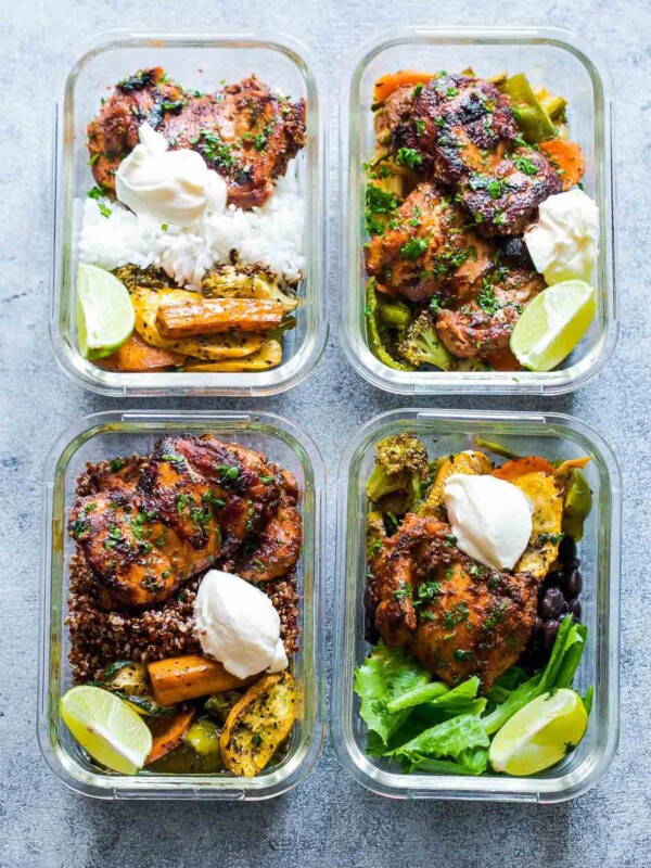 Chipotle Chicken Meal Prep Lunch Bowls in 4 containers.