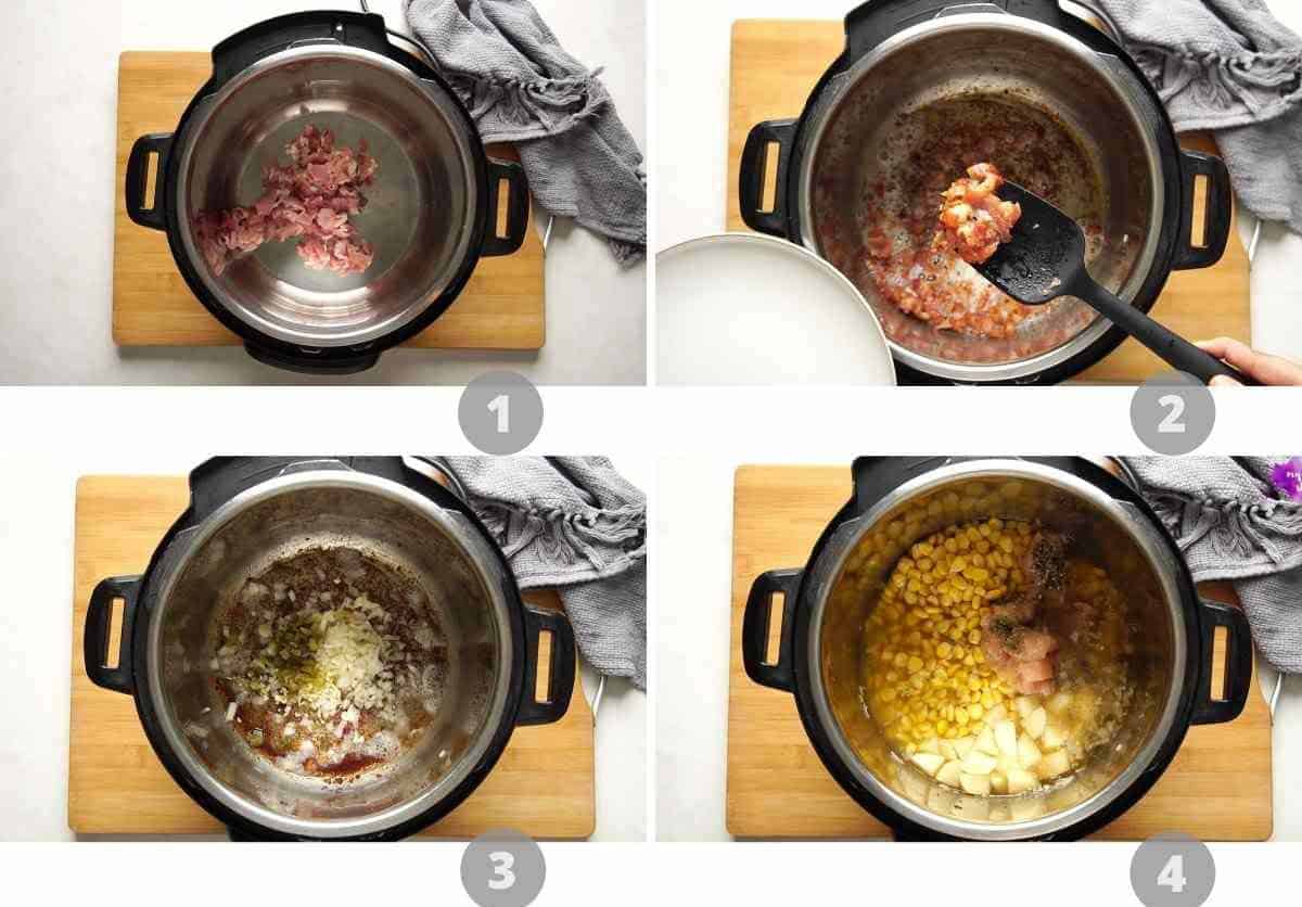 step by step picture collage showing how to make chicken potato corn chowder in the instant pot