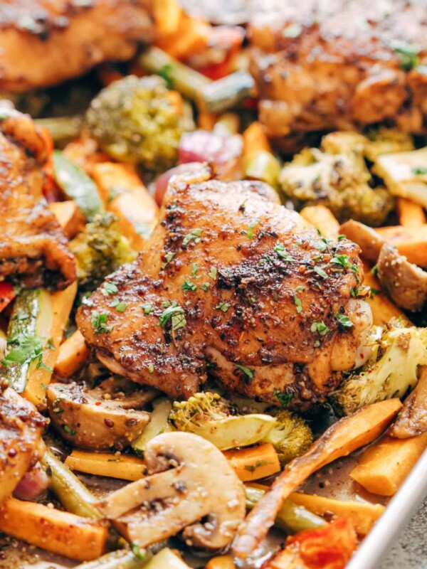 Honey Balsamic Chicken in a sheet pan with veggies.