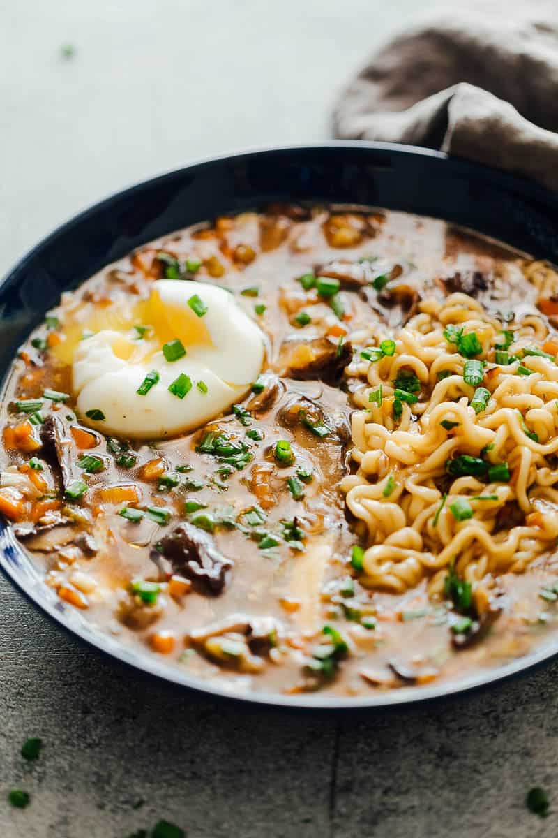 Side angle of chinese hot and sour soup with ramen