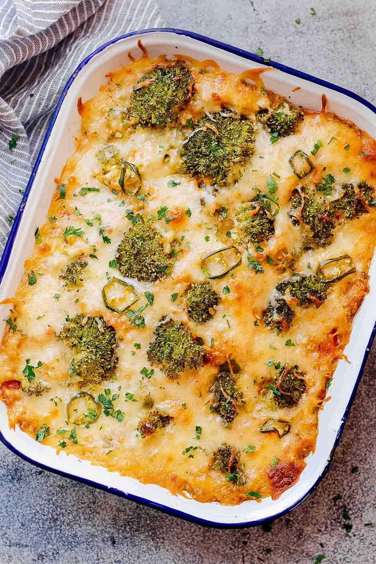 Healthy Cauliflower Rice Broccoli Casserole baked in a pan