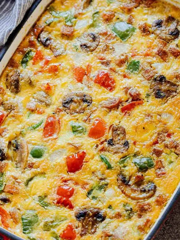 Baked Denver Omelet Breakfast Casserole in a baking dish straight out of the oven