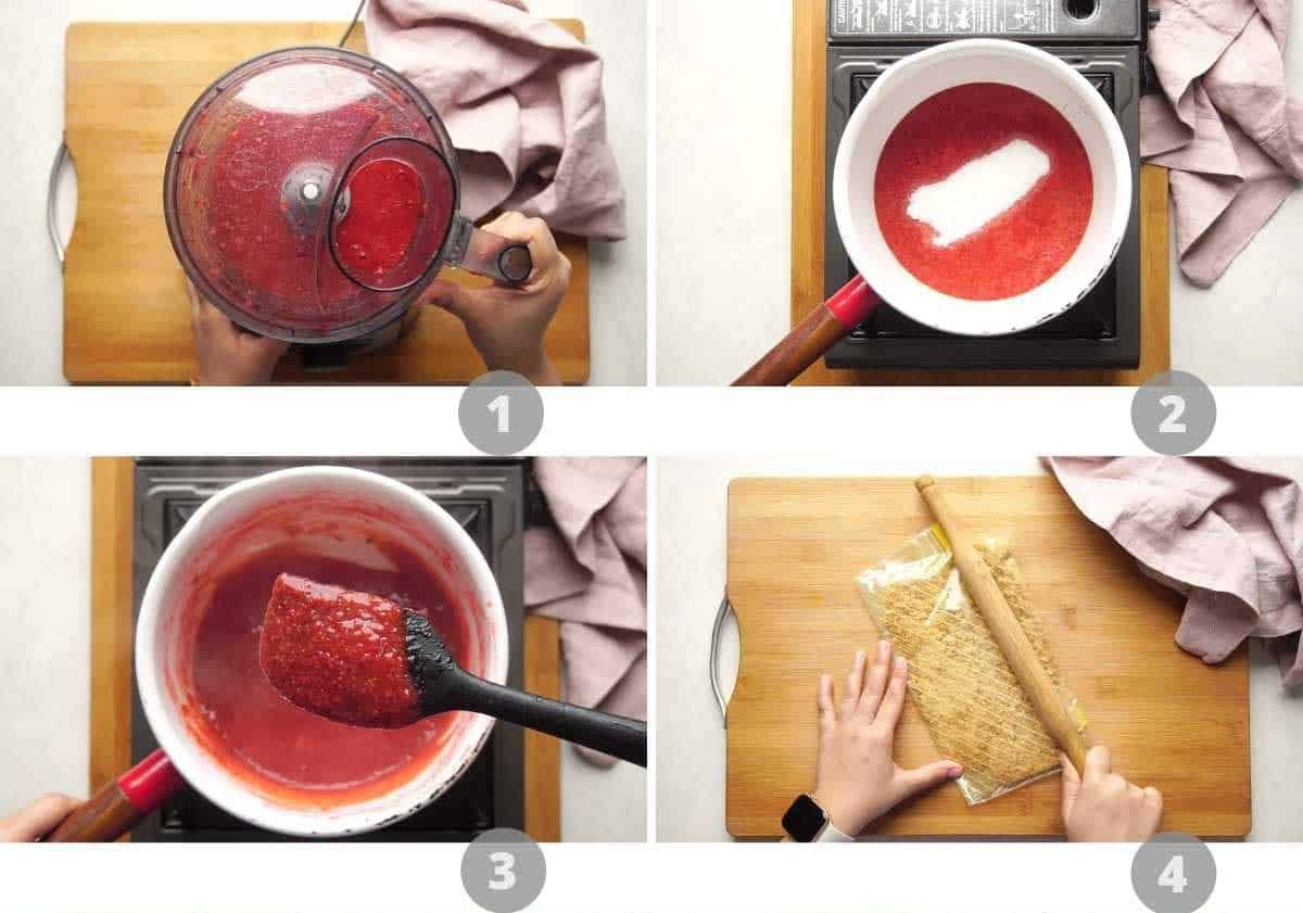 Picture collage showing how to make strawberry cheesecake step by step