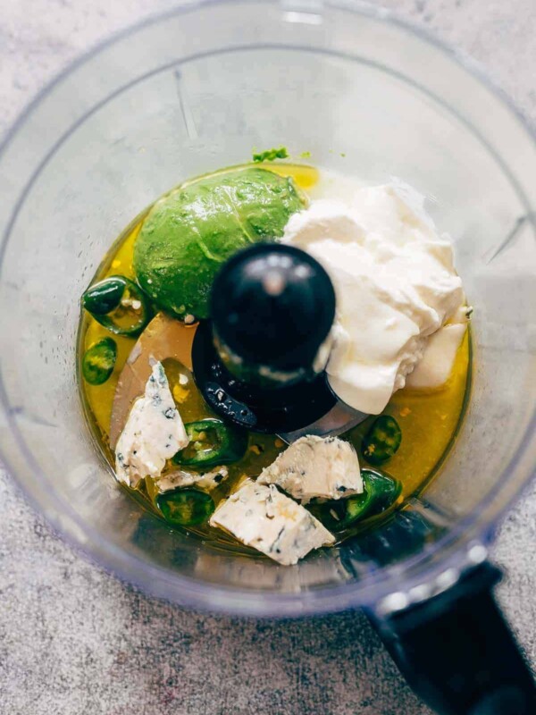 creamy avocado blue cheese dressing ingredients in a blender