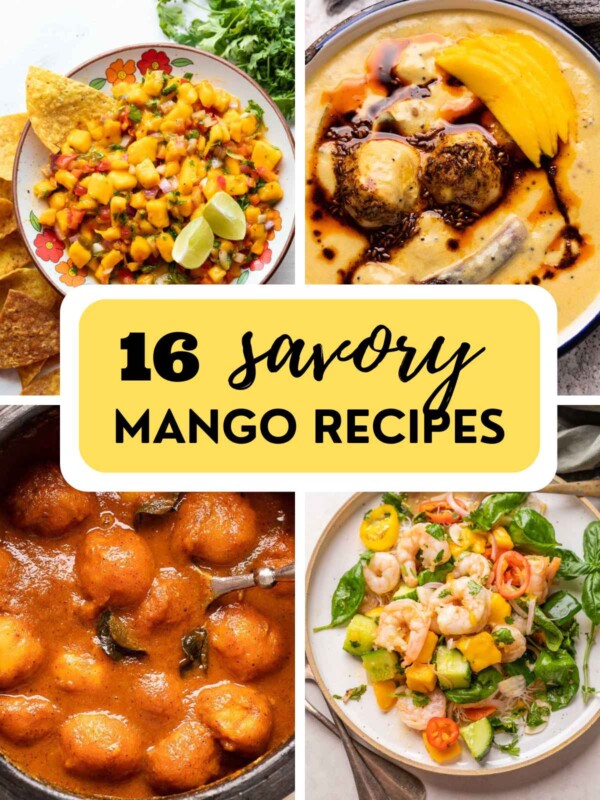 a collage of 4 savory mango recipes with text overlay