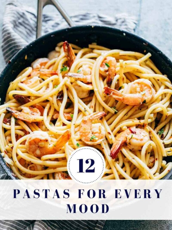 A picture of Shrimp spaghetti Aglio Olio with text overlay which says - 12 pasta recipes for every mood