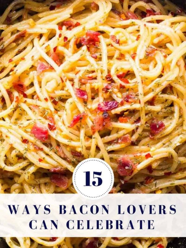 Closeup of bacon pasta with a text overlay.