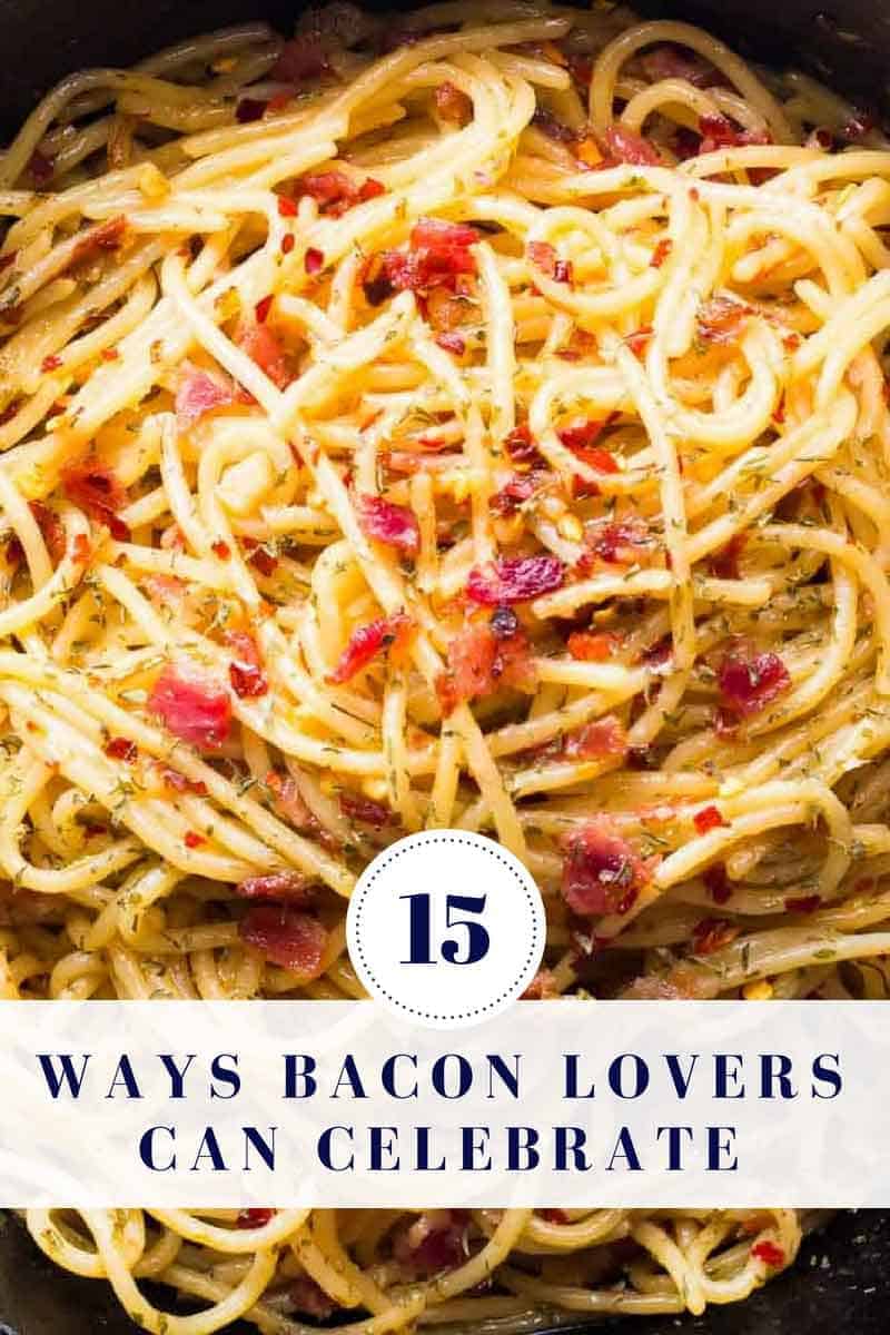 Close up of bacon pasta with text overlay