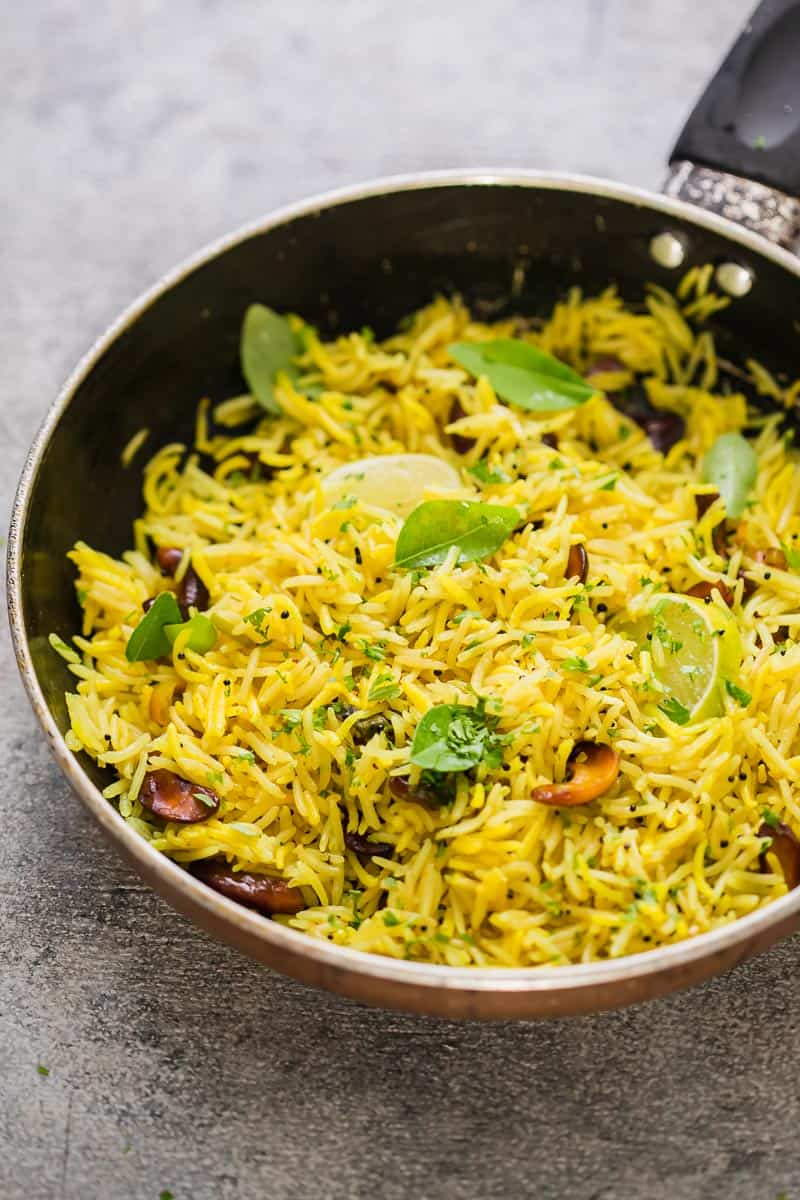 Easy lemon rice straight from the stovetop served in a skillet
