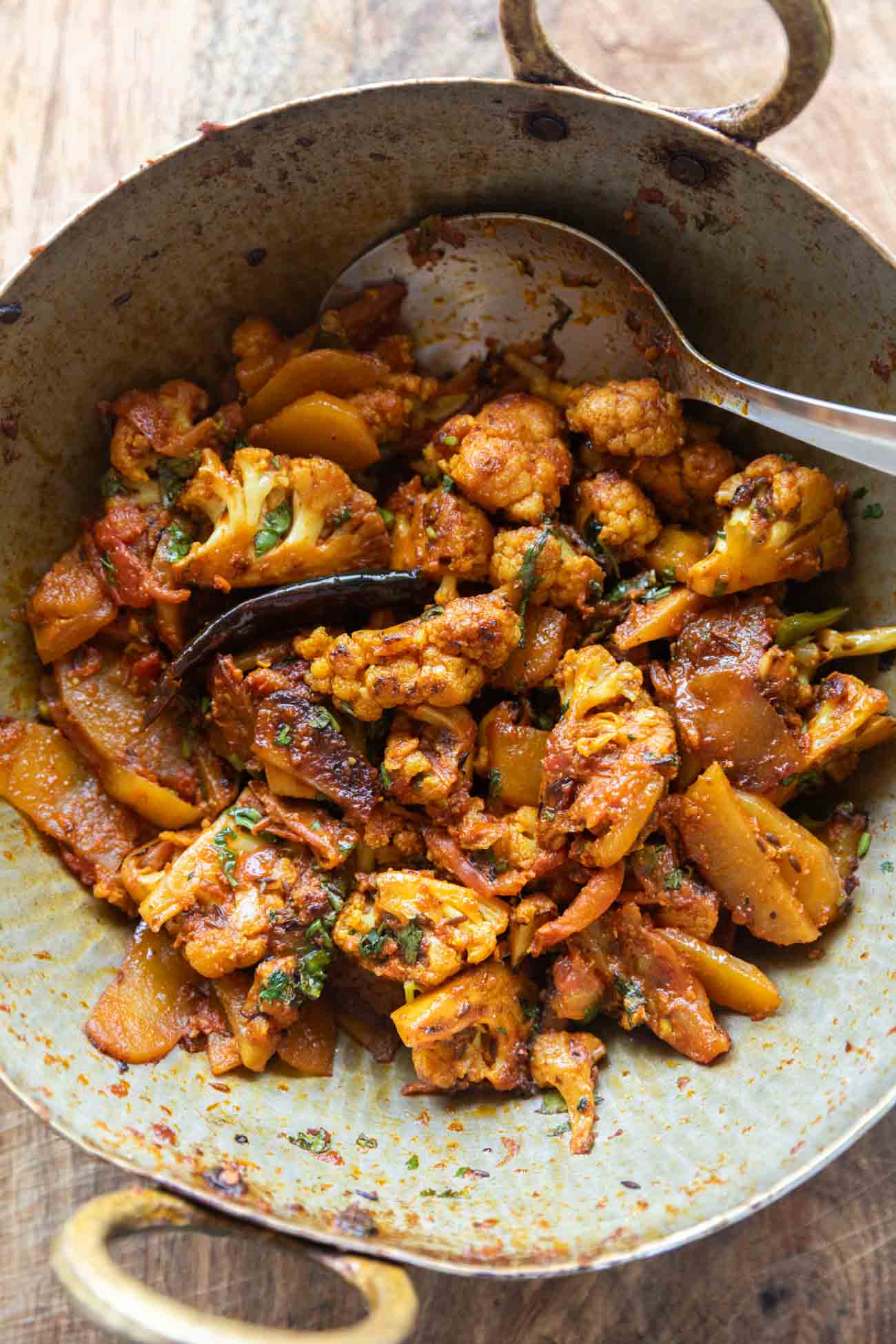 Aloo Gobi Masala served straight from the kadhai or wok