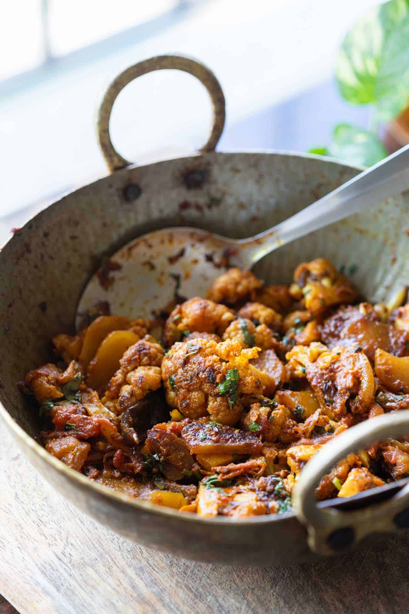 Aloo Gobi Masala served straight from the kadhai or wok