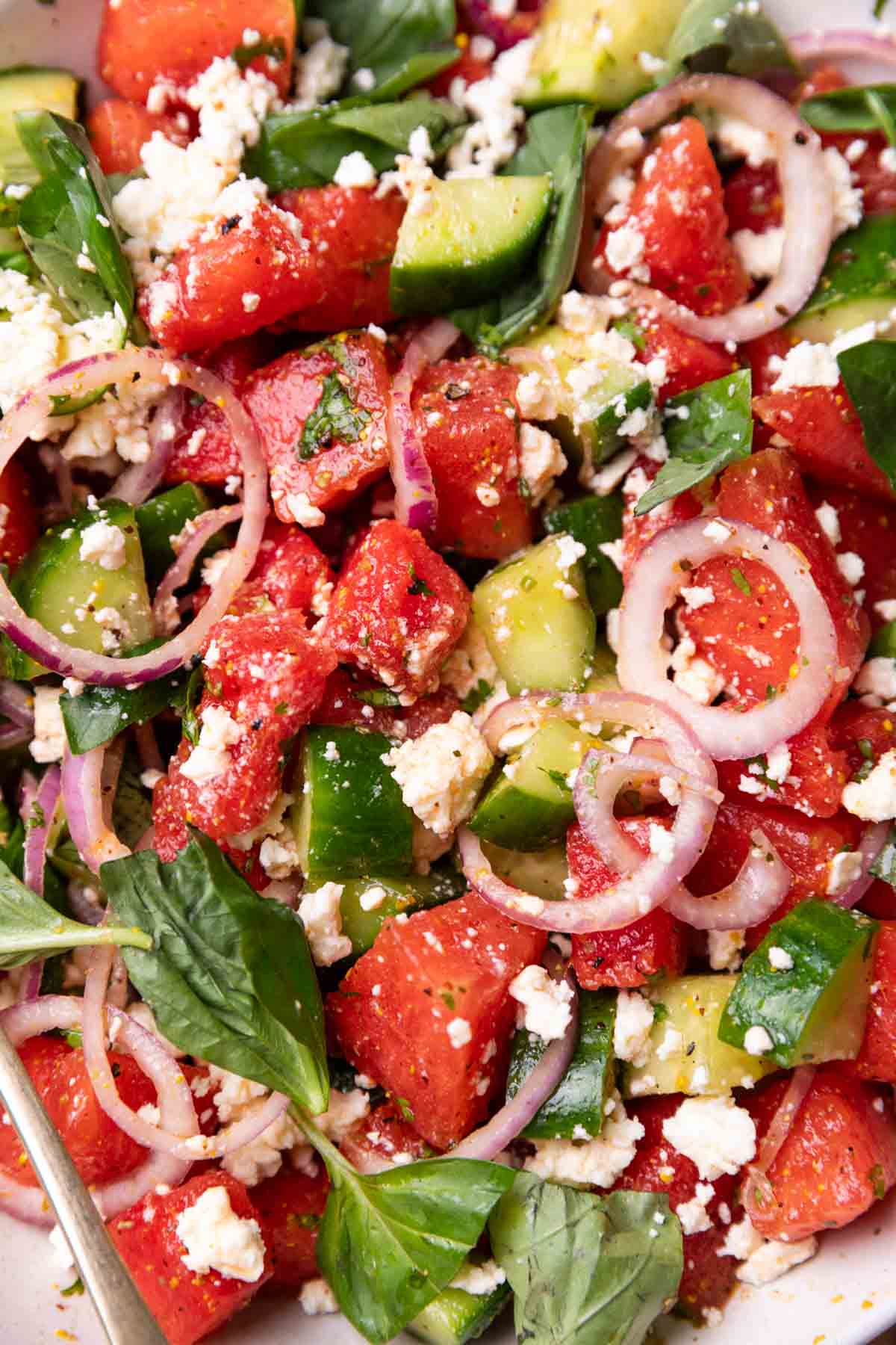 close up image of watermelon salad to show it's fresh and crunchy texture