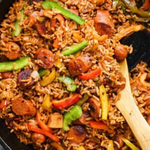 One Pot Mexican Rice and Sausages served in a cast iron pan