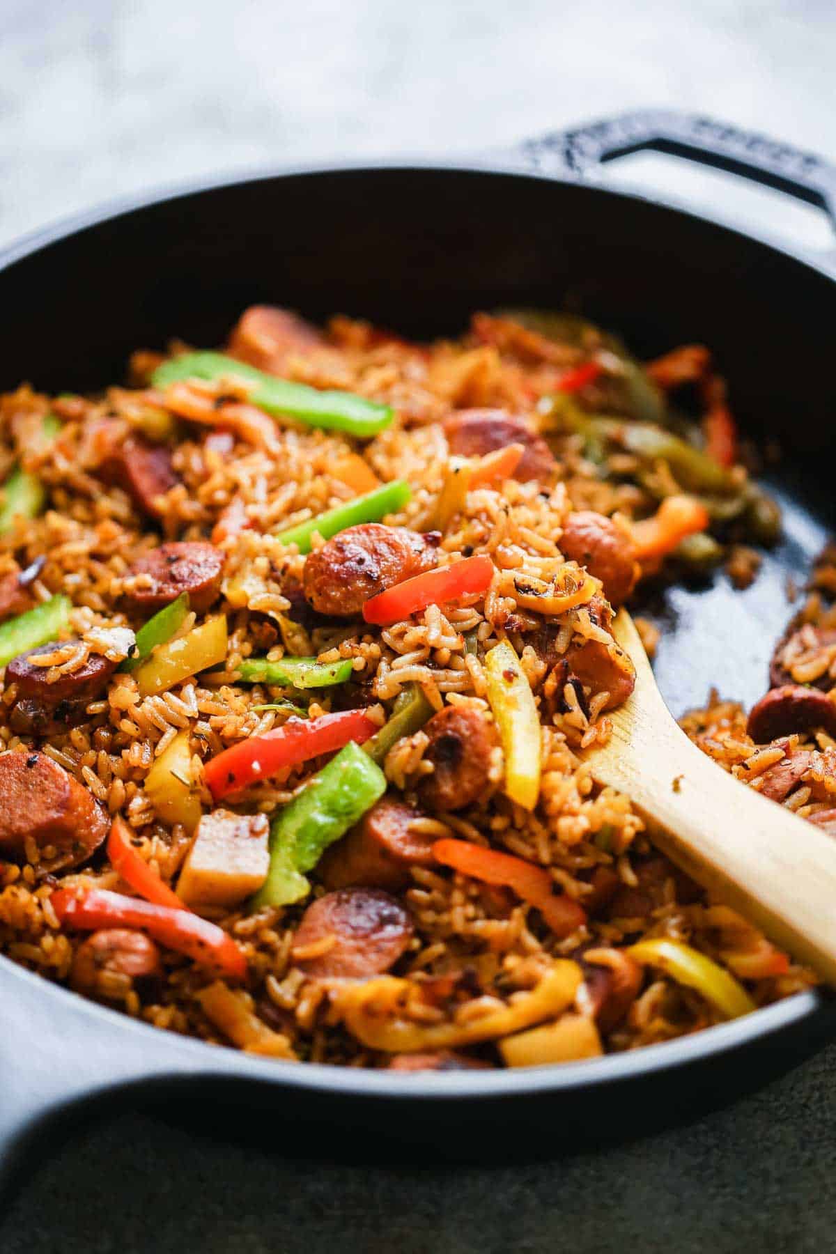 One Pot Mexican Rice and Sausages served in a cast iron pan