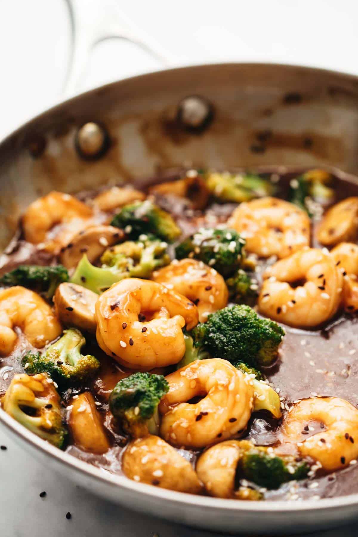 Teriyaki Shrimp Broccoli Stir Fry in a pan.