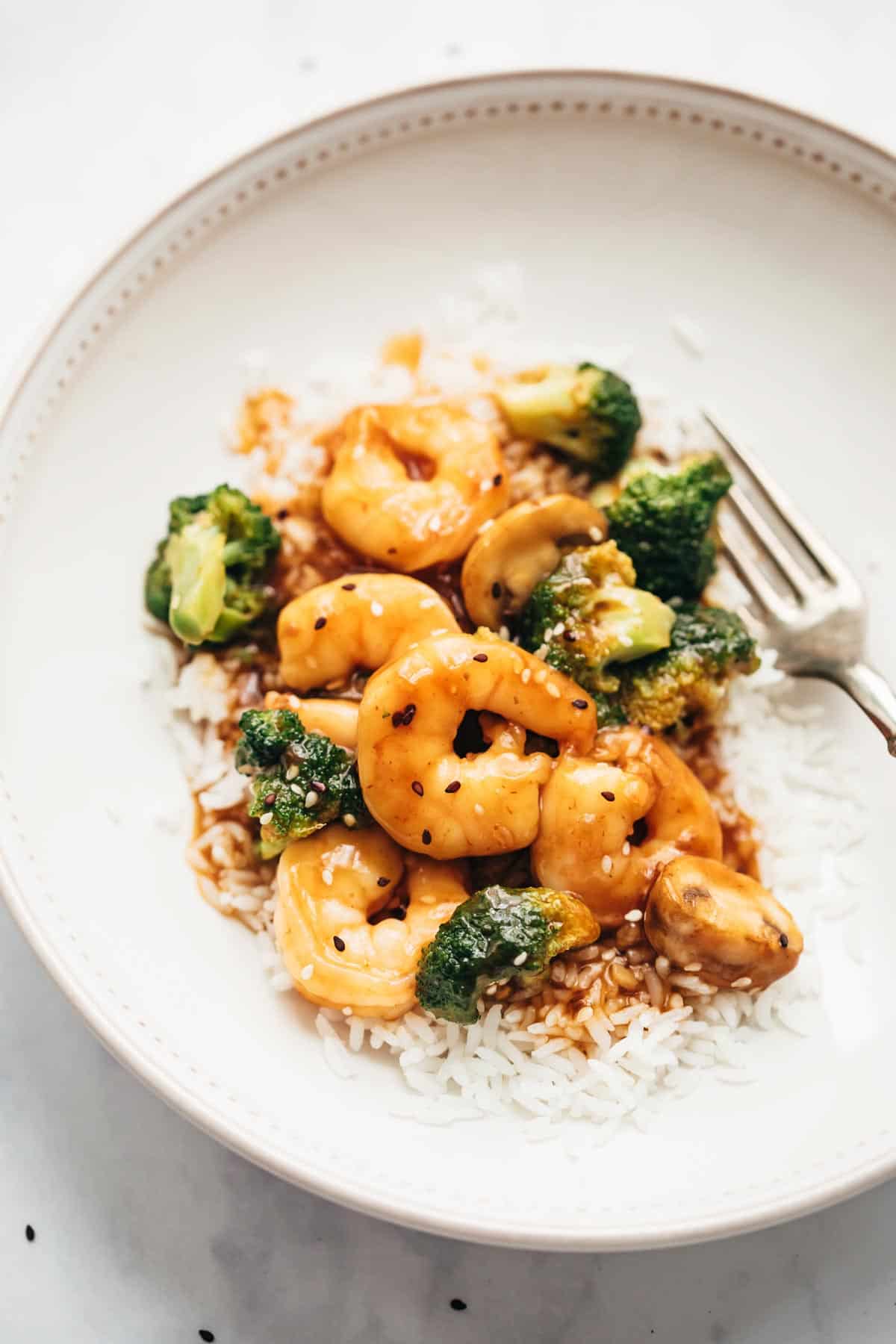 Teriyaki Shrimp Broccoli Stir Fry served with steamed rice.