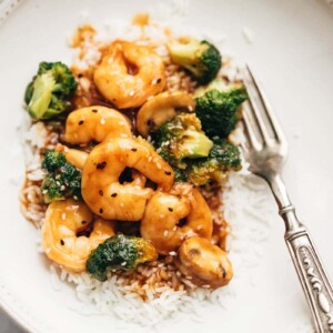 Teriyaki Shrimp Broccoli Stir Fry served with steamed rice.