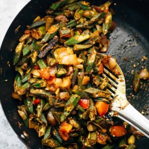 Overhead shot of bhindi masala fry in wok straight from the stove