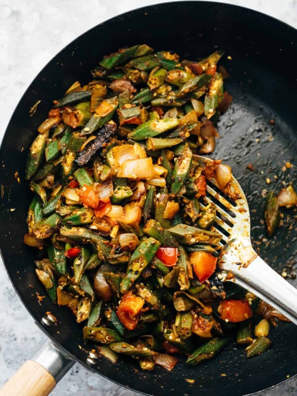 Overhead shot of bhindi masala fry in wok straight from the stove