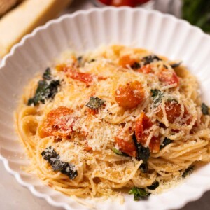 tomato basil pasta garnished with lots of cheese and served in a white pasta plate