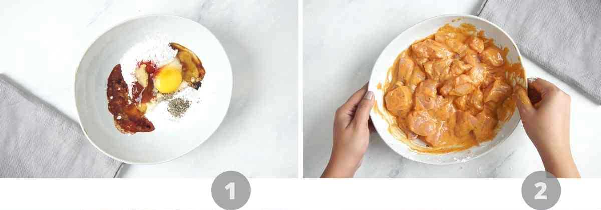 Step by step picture collage showing how to marinate chicken