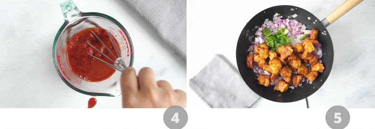 Step by step picture collage showing how to make sauce and stir fry