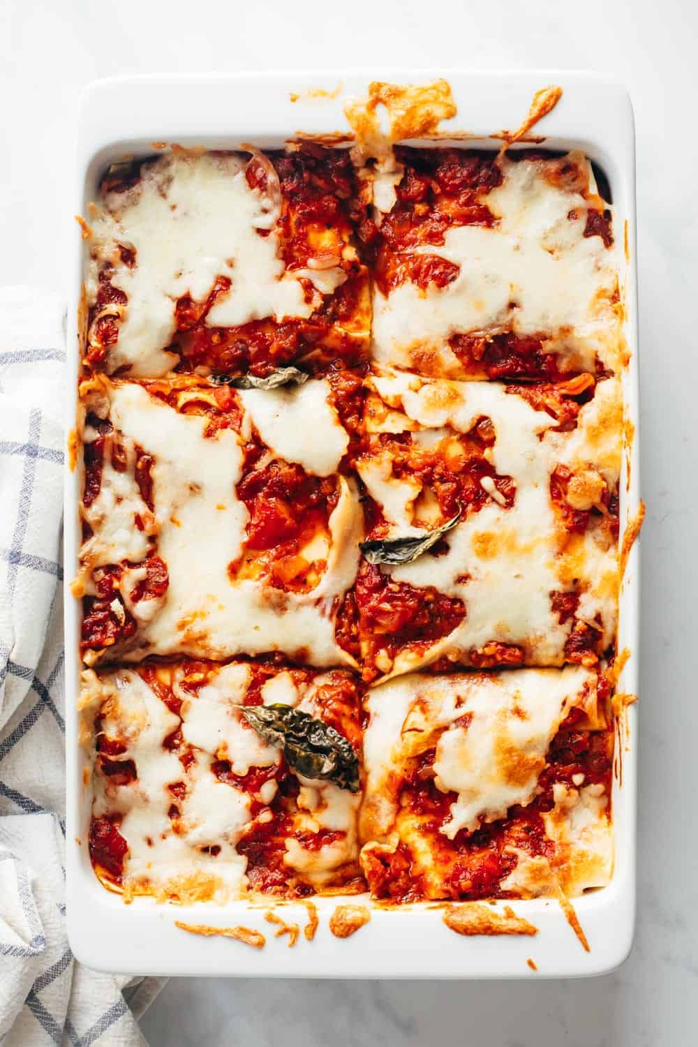 Easy Vegetarian Lasagna served in a casserole after it finished baking