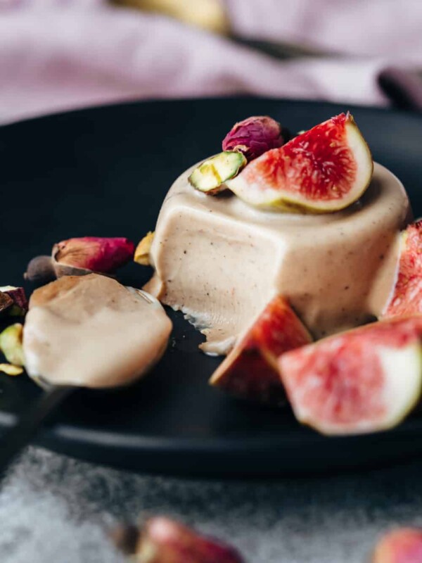 Closeup of a bite of the masala chai panna cotta