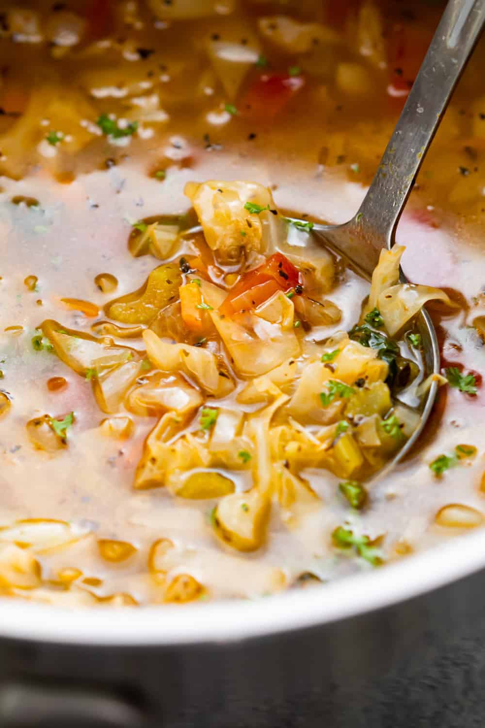 Closeup of a ladle of detox cabbage soup